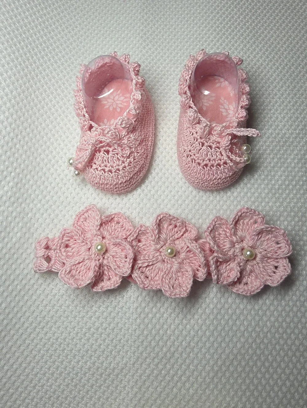 Handmade  Crochet Baby Booties with Floral Headband Set Pink,red,cream,white